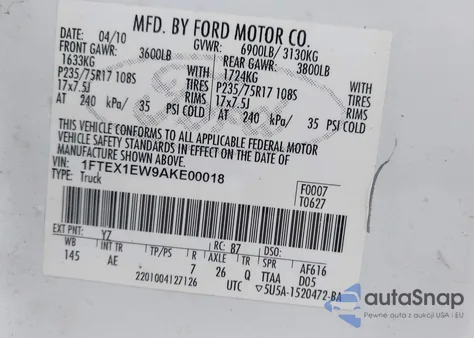 2010 Ford F-150 Stx/Xl из США, поврежденный, VIN 1FTEX1EW9AKE00018